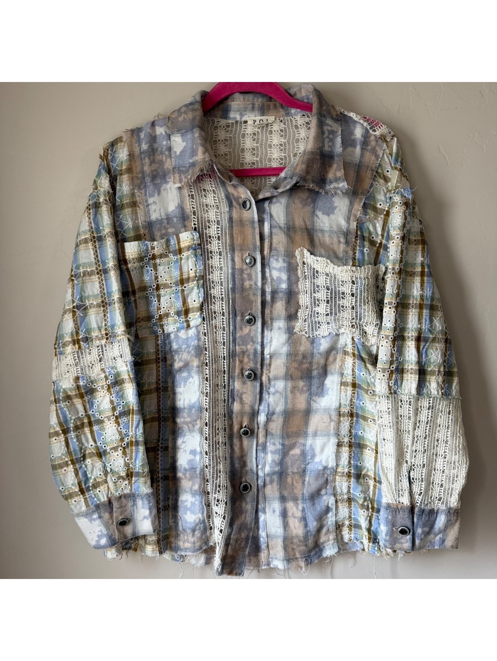 POL Patchwork Plaid Lace Button Up Shirt | M | Boho Cottagecore